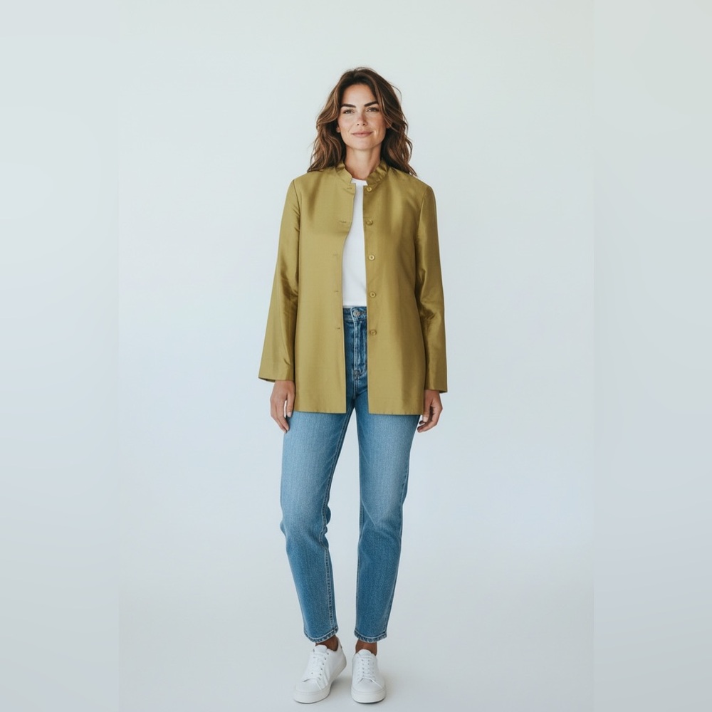 Rena Rowan Raw Silk Button Detail Jacket w/Pockets Vintage Size 14 Pea Green